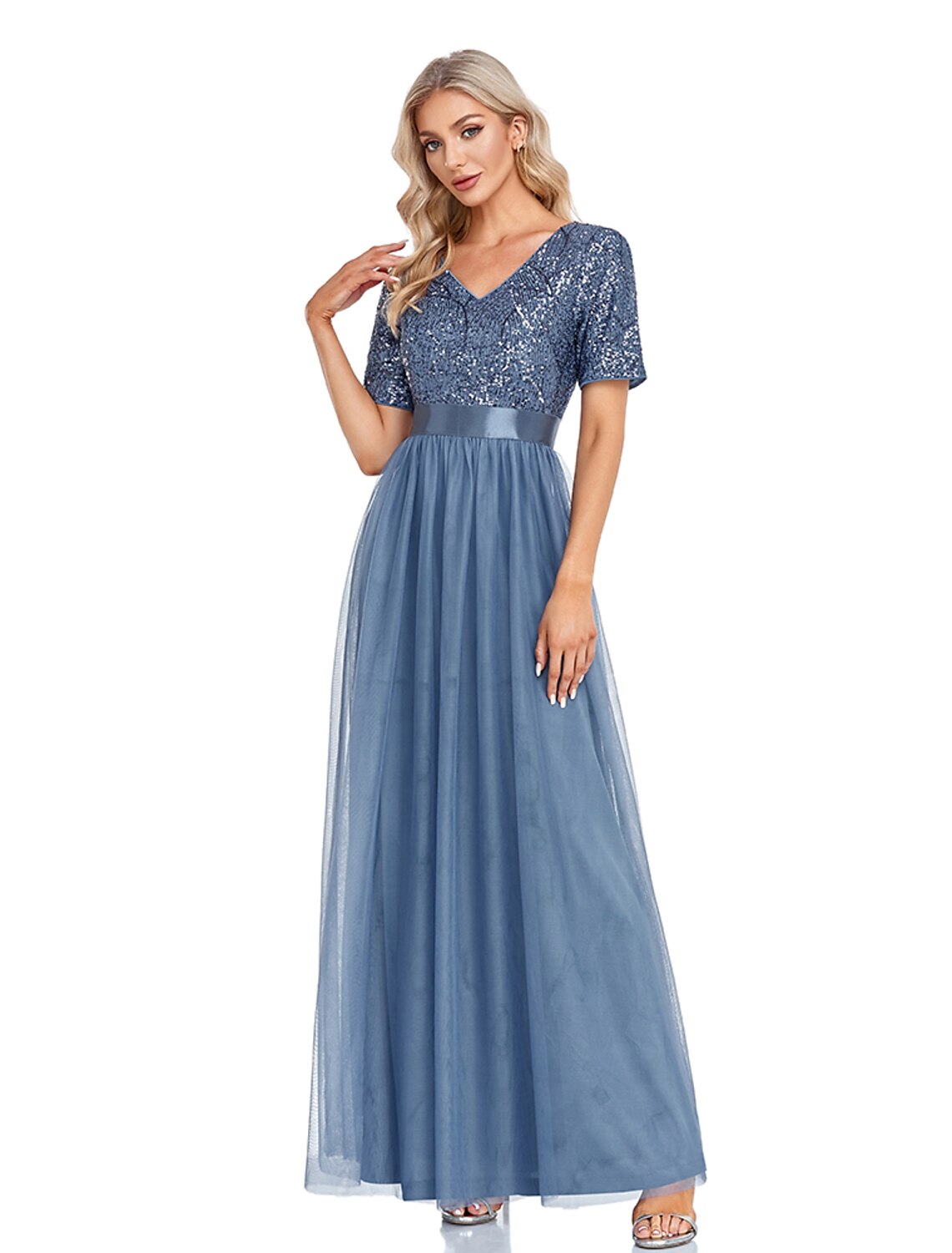 A-Linie Abendkleid Elegantes Kleid für Hochzeitsgäste Bodenlang Kurzarm V-Ausschnitt Tüll mit Paillettenspleiß